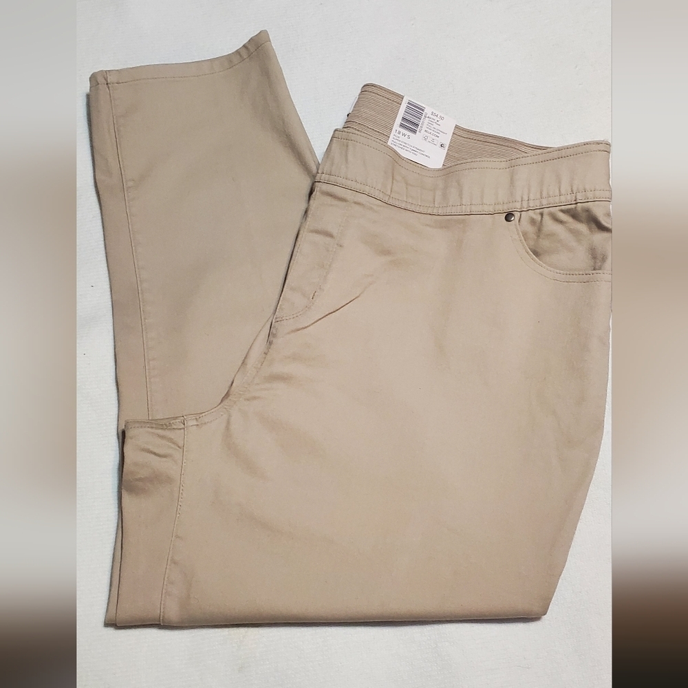 Kim Rogers Women's Tan Straight Leg Pants With Pockets. Elastic Waist Sz 18S NWT